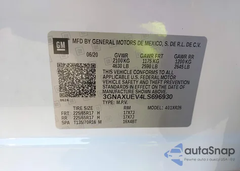 2020 Chevrolet Equinox Awd Lt 1.5L Turbo z USA, uszkodzony, nr VIN 3GNAXUEV4LS696930